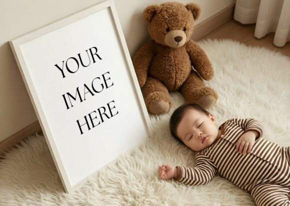 Download Nursery Mockup - Sleeping Baby &amp; Teddy - Nursery mockup Collection